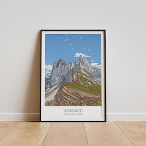 Impresión de viaje a las Dolomitas en estilo vintage: Alpe Seceda: póster de montaña, obra de arte original