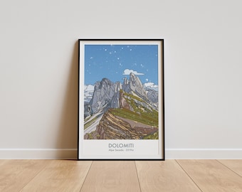 Vintage-Style Dolomites Travel Print - Alpe Seceda - Mountain Poster, Original Artwork
