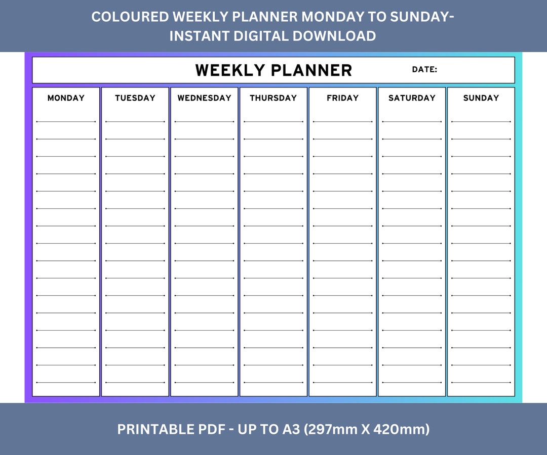 Coloured Weekly Planner. Three Variation Pages. Landscape. Instant Digital Download. Printable ...