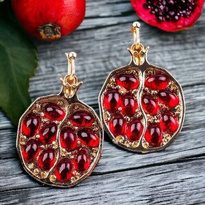 Pomegranate Earrings, Pomegranate Jewelry, Cute Earrings, Fruit Earrings, Red Earrings, Gold Dangle Earrings