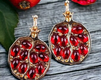 Pendientes de granada, Joyas de granada, Pendientes lindos, Pendientes de frutas, Pendientes rojos, Pendientes colgantes de oro