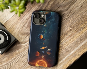 May include: A black phone case featuring a colourful image of the solar system. The case depicts the sun, planets, and stars in detail.