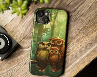 May include: A phone case featuring a green and brown forest scene with three owls. The owls are brown and have large, round eyes. The case has a camera cutout in the top left corner.
