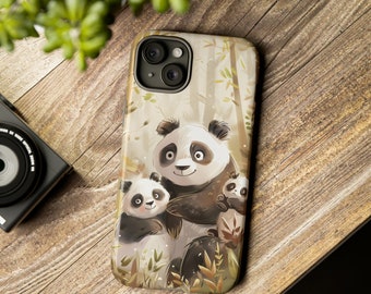 May include: A phone case featuring a charming illustration of three pandas in a woodland scene. The case has a camera cut-out and a black background.