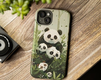 May include: A phone case featuring a green, brown and white panda family design. The pandas are surrounded by green leaves and flowers. The case has a camera cutout and a white background.