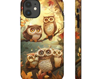 May include: A phone case featuring a design of four owls in a woodland setting. The owls are brown with large, round eyes. The background is a warm, autumnal colour with leaves and branches.