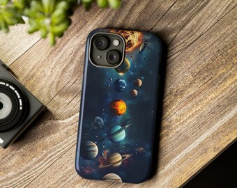 May include: A black phone case featuring a colourful solar system design. The case has a dark blue background with planets, stars, and a sun in various shades of orange, yellow, blue, and green.