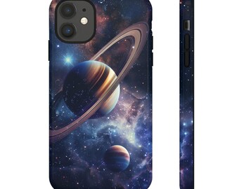 May include: A phone case with a galaxy design featuring a blue planet with rings, a smaller planet, and a starry background.