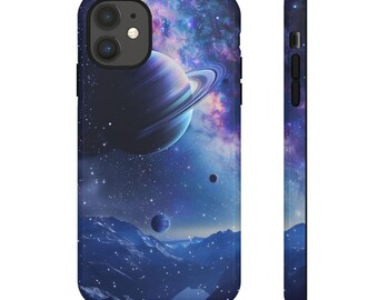 May include: A phone case featuring a galaxy and planets design. The case depicts a blue and purple galaxy with a ringed planet at its centre. The case is made from a robust material and is designed to safeguard your phone from scratches and drops.