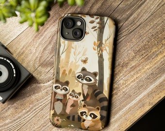 May include: A phone case featuring a cartoon illustration of a family of raccoons in a woodland setting. The raccoons are brown and grey with black eyes and noses. The background is a light brown with trees and leaves.