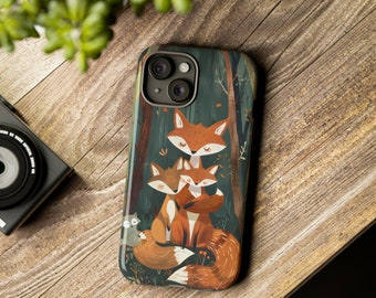 May include: A phone case featuring a design of three foxes in a woodland scene. The foxes are brown and orange with white markings. The background is a dark green with brown trees and leaves.