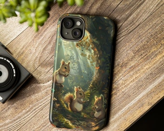 May include: A phone case featuring a woodland scene with three squirrels. The squirrels are brown and have bushy tails. The background is a green forest with a large tree trunk and leaves. The case has a camera cutout in the top left corner.