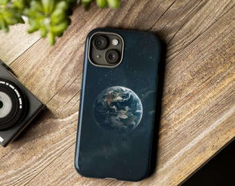May include: A dark blue phone case featuring a starry night design with a picture of the Earth in the centre. The case has a raised camera bump with three lenses.