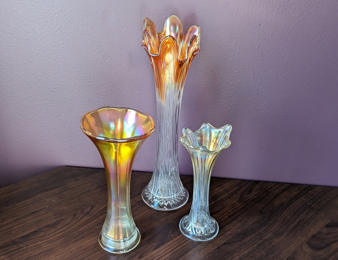 Vintage Marigold Carnival Glass Swung Vase Collection, Fenton and