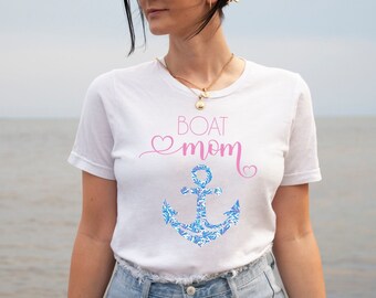 Boat Mom Nautical Anchor T-Shirt, Cute Pink & Blue Coral Design, Boating Family Tee, Boat Gift for Mom, Boat Mothers Day, Boat Gift For Her