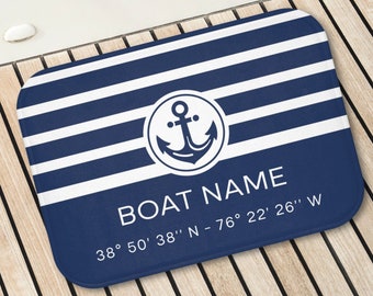 Custom Boat Mat, Personalized Boat Name Location, LAT LONG Coordinates, Nautical Anchor Mat, Boat Decor, Custom Boat Gift, Boat Owner Gift