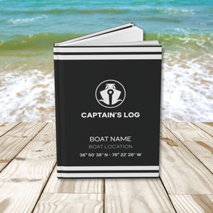 May include: Black and white captain's log book with a boat icon and the text "CAPTAIN'S LOG", "BOAT NAME", and "BOAT LOCATION". The location is listed as 38° 50′ 38" N - 76° 22' 26" W.