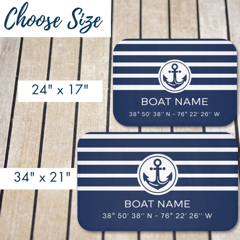 personalized boat name mat for cockpit or cabin with latitude longitude coordinates boating location