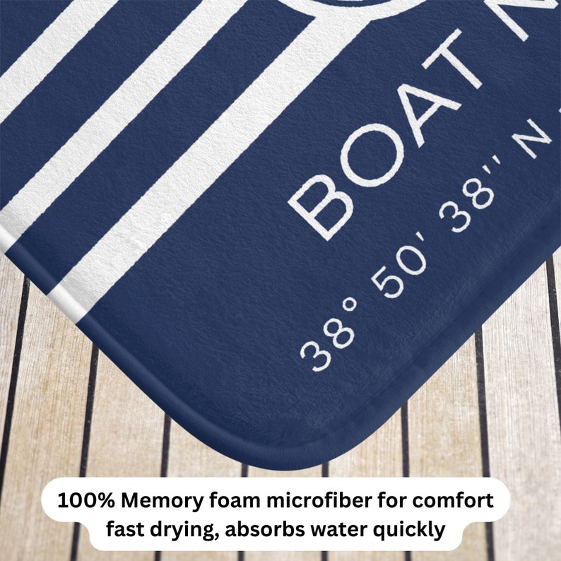 personalized boat name memory foam microfiber mat with latitude longitude coordinates boating location