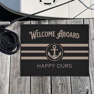 Welcome Aboard Boat Mat, Custom Boat Name Welcome Mat, Black Boat Floor Mat, Boat Decor, Personalized Boat Doormat, Boating Rug, Boater Gift
