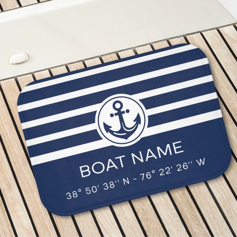 personalized boat name mat with latitude longitude coordinates boating location