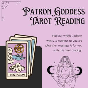 Op de afbeelding: Een tarotkaartlezing met een paarse achtergrond en een tarotkaart met een pentagram en een hand die uit een wolk steekt. De tekst "PATRON GODDESS TAROT READING" staat bovenaan de afbeelding. De tekst "Ontdek welke godin contact met je wil maken en wat haar boodschap voor je is met deze tarotlezing." staat onderaan de afbeelding.