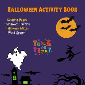 Printable Fun Halloween Activity Book for Kids (Ages 6-10)  | 20+ Pages | Mazes | Word Search | Coloring | Crossword Puzzles