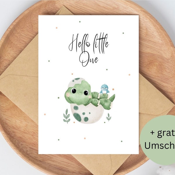 Postkarte Dino Hello Little One, inkl. kostenlosem Umschlag, Glückwunschkarte zur Geburt, Karte zur Geburt, Karte Geburt Baby, Geburtskarte