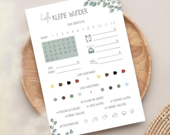 May include: A printable baby shower or gender reveal checklist with a calendar, space to record the baby's name, hair and eye color, and a section for weather predictions. The checklist has a light blue and green color scheme with a leafy design.