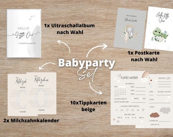 Babyparty Set, Geschenkset Baby, Babyparty Geschenk, Babyshower Set mit Ultraschallalbum, Tippkarten, Milchzahnkalender, Glückwunschkarte