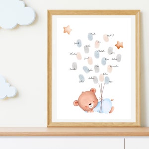 Gästebuch Babybär Ballons Babyparty Poster Fingerabdruck, Gast Deko Babyparty Geschlecht,Fingerabdruck Gästebuch Gender Reveal Baby Poster