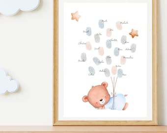 Gästebuch Babybär Ballons Babyparty Poster Fingerabdruck, Gast Deko Babyparty Geschlecht,Fingerabdruck Gästebuch Gender Reveal Baby Poster