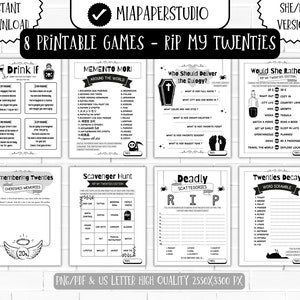 Könnte beinhalten: Ein Satz von acht druckbaren Spielen für eine 20. Geburtstagsparty. Die Spiele sind thematisch rund um den Tod und beinhalten Titel wie "Trinken, wenn", "Memento Mori", "Wer sollte die Trauerrede halten?", "Würde sie lieber", "Erinnerungen an die Zwanziger", "Schnitzeljagd", "Tödliche Scattegories" und "Zwanziger-Verfall".