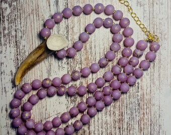 Deer Antler Necklace with Marbled Lilac and Gold Round Beads - Handcrafted in USA