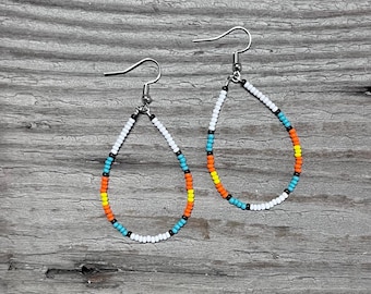 Hand Beaded Western Tear Drop Hoop Earrings | Retro Turquoise & Orange Cowgirl Earrings