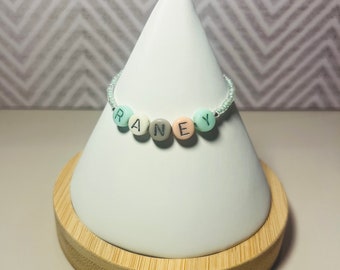 Personalized Baby, Toddler, Child, Adult Bracelet - Transparent Mint Green Seed Beads with Colored Letter Beads - Western Baby Jewelry