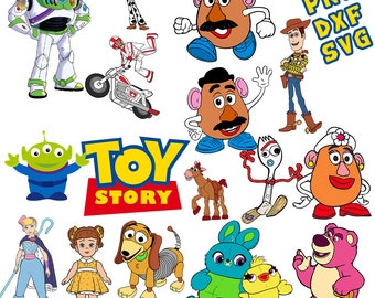 May include: A collection of colorful cartoon characters from the Toy Story movie franchise. The image includes Buzz Lightyear, Woody, Jessie, Mr. Potato Head, and others. The image also includes the Toy Story logo and file type options.
