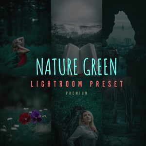 May include: A collage of images featuring nature scenes with a green color scheme. The text "NATURE GREEN LIGHTROOM PRESET PREMIUM" is displayed in the center of the image.