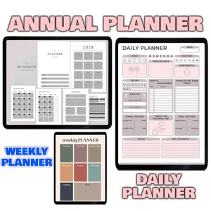 May include: A digital planner with a pink and gray color scheme. The planner includes a daily, weekly, and yearly calendar. The daily planner includes sections for mood, water intake, exercise, money tracker, and meal tracker. The weekly planner includes sections for each day of the week. The yearly planner includes a calendar for each month of the year.