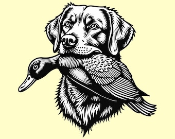 May include: Black and white illustration of a Labrador Retriever dog with a duck in its mouth. The dog is looking to the left and the duck is facing the right. The dog's fur is detailed with lines and the duck's feathers are detailed with lines.