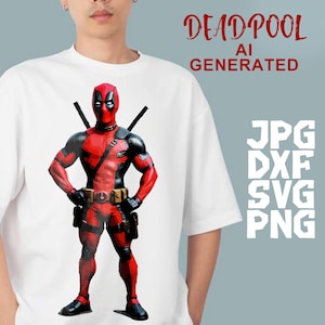 May include: A white t-shirt with a red and black illustration of Deadpool, a superhero character, on the front. The text "DEADPOOL AI GENERATED" is at the top of the image. The text "JPG DXF SVG PNG" is on the right side of the image.
