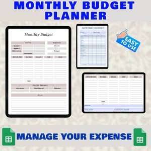 May include: A digital planner template for managing monthly budgets. The template includes sections for income, expenses, bills to be paid, and a monthly summary. The text "MONTHLY BUDGET PLANNER" is at the top of the image. The text "EASY TO USE" is in a speech bubble with a thumbs up icon. The text "MANAGE YOUR EXPENSE" is at the bottom of the image.