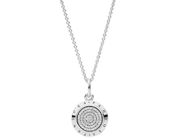 PANDORA Round Logo Signature Necklace Signature Engraved Circle Pendant - 45cm Long Chain - Unique and Popular Silver Charm Necklace, UK