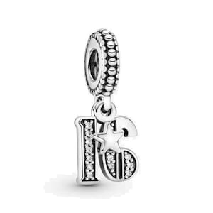 May include: Silver charm featuring a star and the number 16, adorned with clear cubic zirconia stones. The charm has a loop for attaching to a bracelet or necklace.