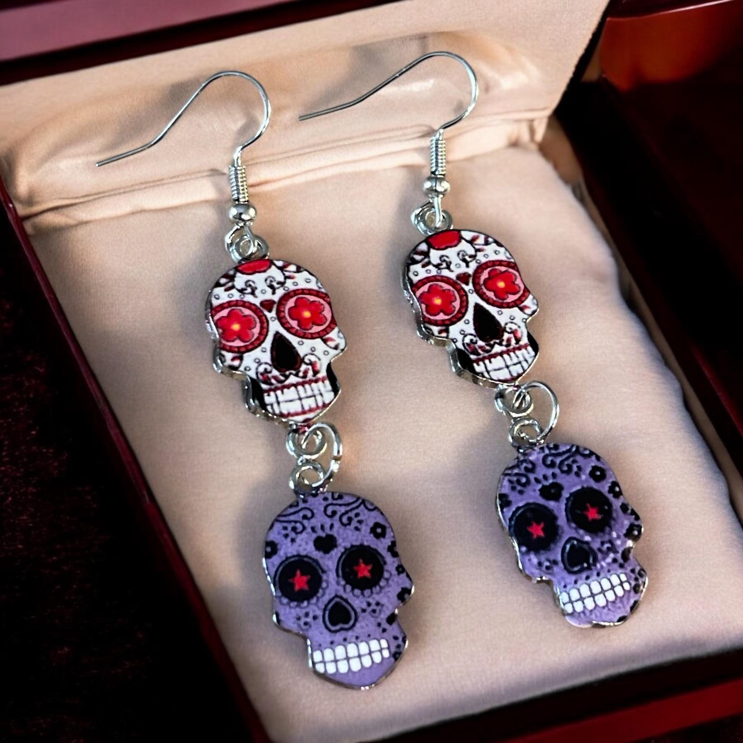 Bright Sugar Skull Earrings | Boho Jewelry | Día de los Muertos Inspired Gift - Thumbnail 4