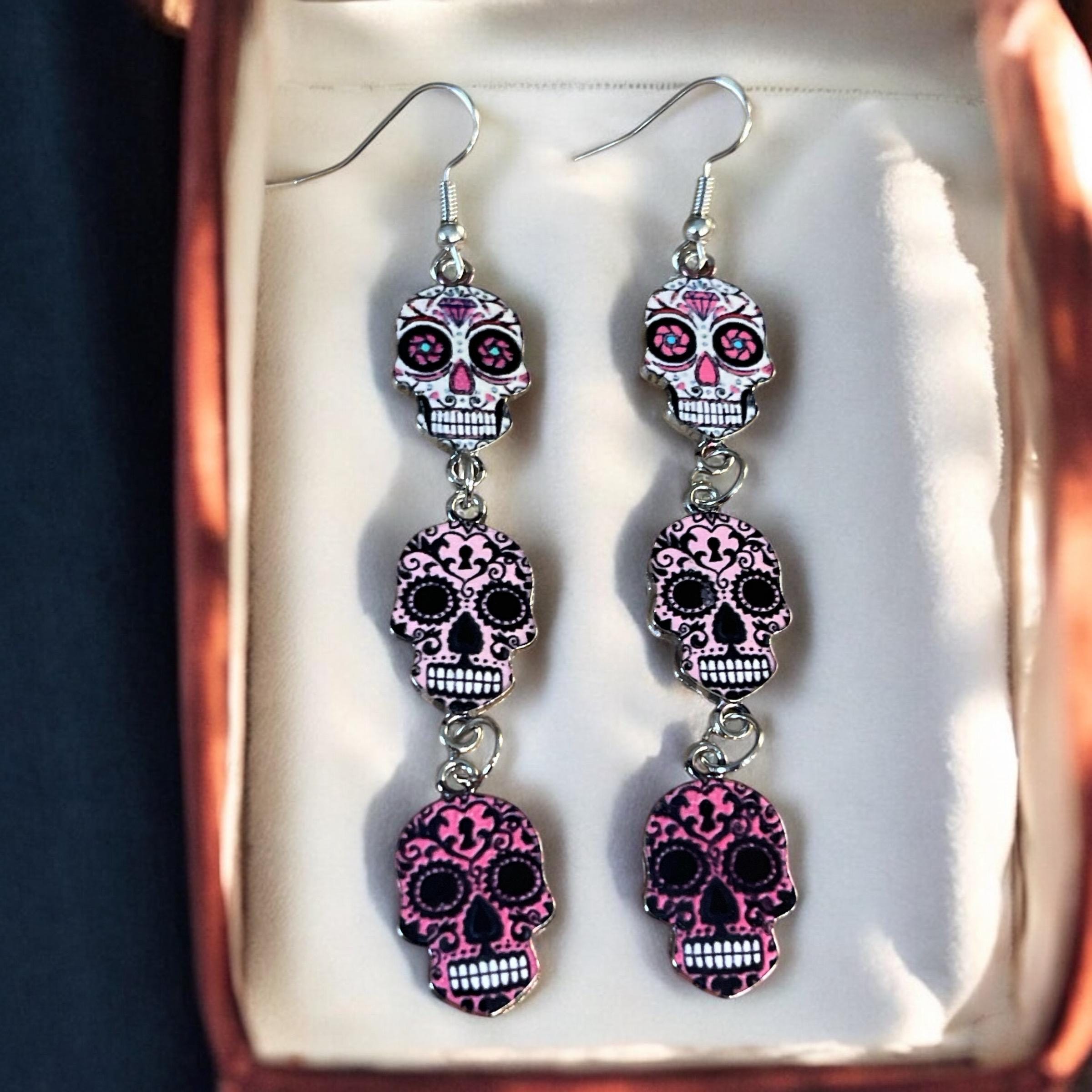 Colorful Skull Earrings | Día de los Muertos Accessories | Statement Jewelry - Thumbnail 2