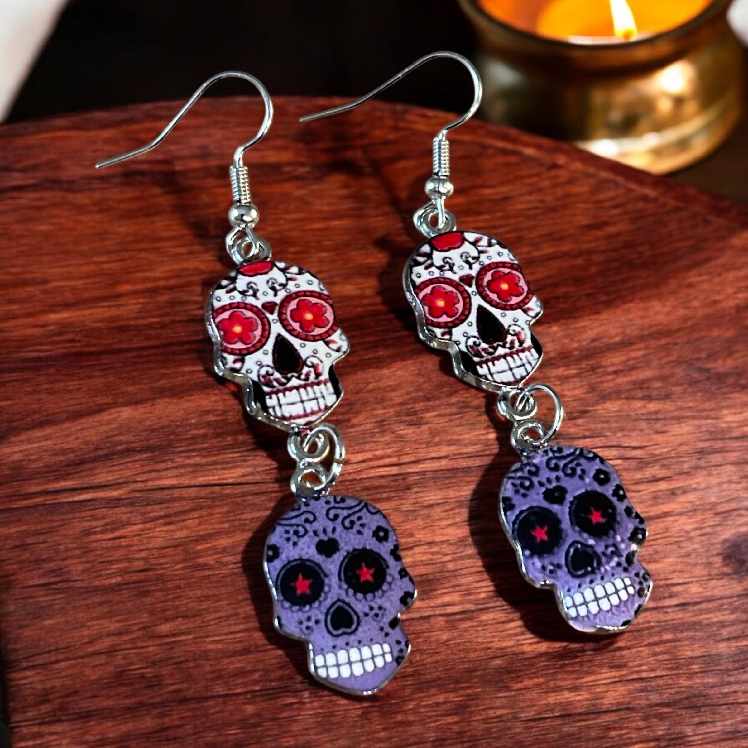 Bright Sugar Skull Earrings | Boho Jewelry | Día de los Muertos Inspired Gift - Thumbnail 3