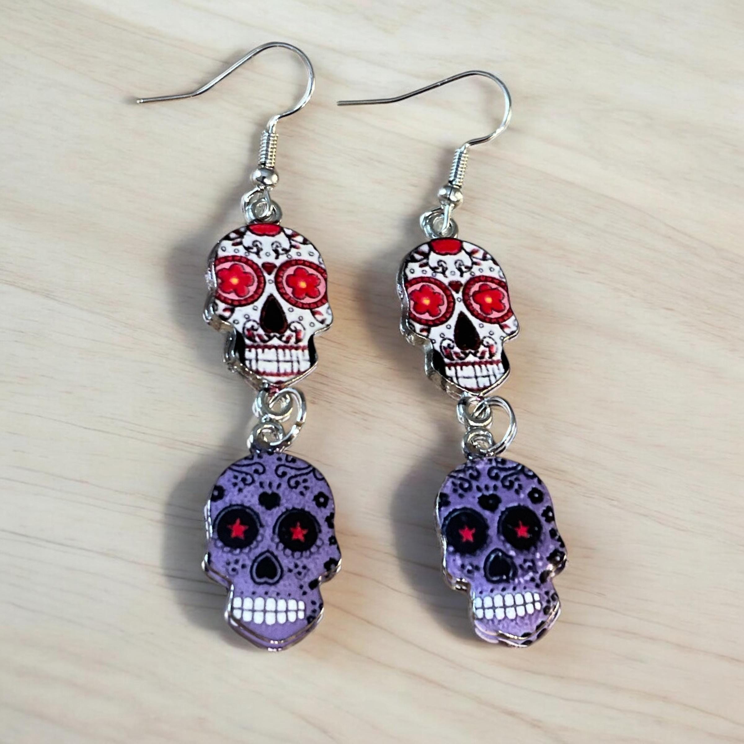 Bright Sugar Skull Earrings | Boho Jewelry | Día de los Muertos Inspired Gift - Image 1