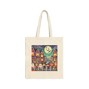 Sac classique pour enfants - Sac fourre-tout d'Halloween vintage avec scène de quartier fantaisiste - Sac en toile de coton réutilisable