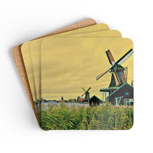 Netherlands Windmills Coaster Set, 4-Piece Cork-Backed High-Gloss MDF Drink Coasters, Dutch Windmill Home Decor & Housewarming Gift